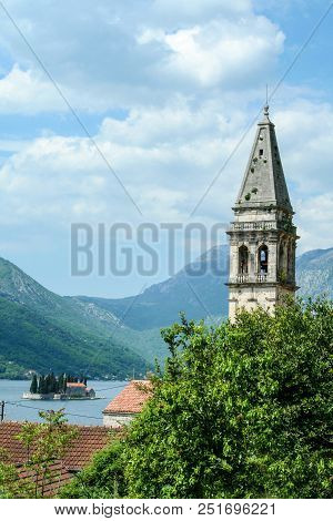 Tower Of Perast Church, Saint Nicholas (sveti Nikola) With The Bay Of Kotor In The Background. The C