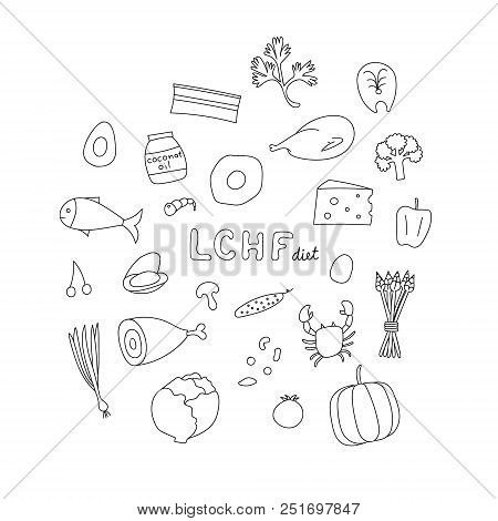 Doodle Set Of Lchf Food: Meat, Fish, Vegetables And Other Products