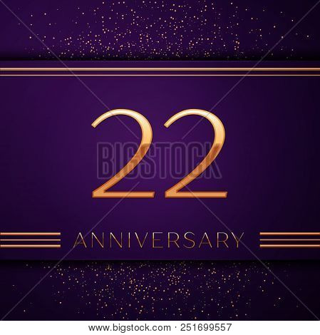 Realistic Twenty Two Years Anniversary Celebration Design Banner. Golden Number And Confetti On Purp