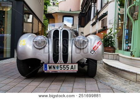 Saalbach-hinterglemm, Austria - June 21 2018: Vintage Car Bmw 328 Roadster Oldsmobile Veteran Produc