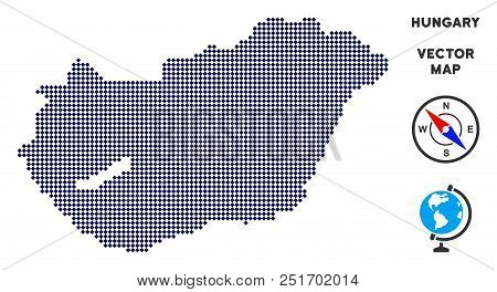 Dot Hungary Map. Abstract Territory Scheme. Points Have Rhombus Form And Dark Blue Color. Vector Pat