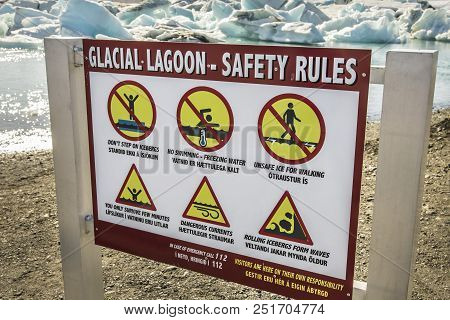 Glacier Lagoon Safety Rules Sign Posted In Jokulsarlon, Iceland.