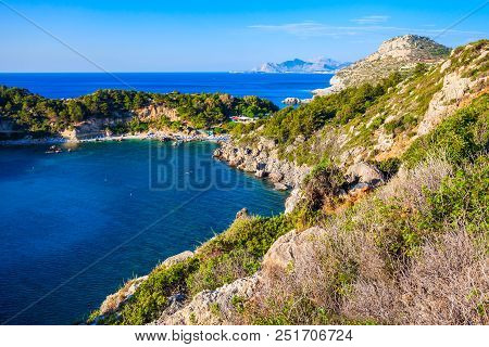 Ladiko Beach And Anthony Quinn Bay Aerial Panoramic View In Rhodes Island In Greece