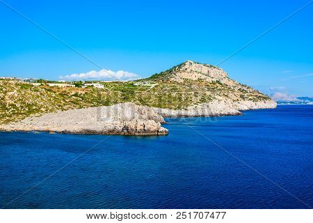Ladiko Beach And Anthony Quinn Bay Aerial Panoramic View In Rhodes Island In Greece
