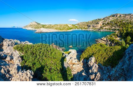 Ladiko Beach And Anthony Quinn Bay Aerial Panoramic View In Rhodes Island In Greece