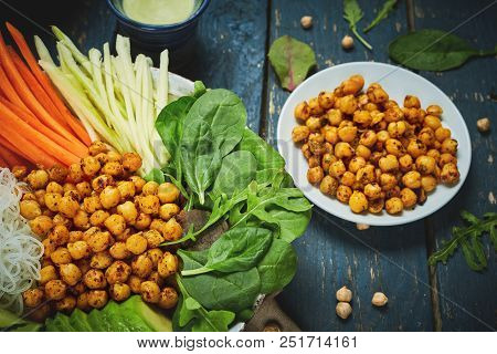 Top View Of Ingredient Set For Cooking Vegan Food, Fried Chickpeas, Rice Noodles With Wegetables On 