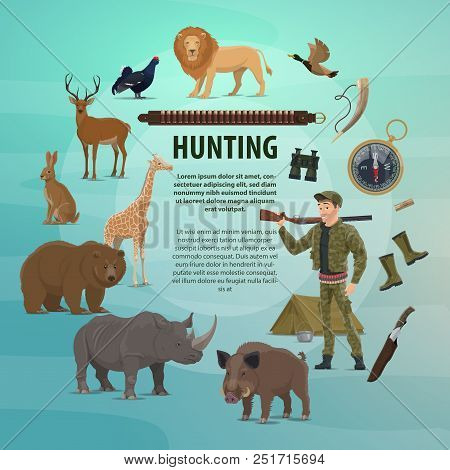 Hunting Open Season Poster Of Safari Hunter Or Hunt Equipment And Wild Animals. Vector Design Of Hun