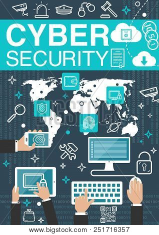Cyber Security And Private Network Or Data Protection Technology Poster. Vector Computer Vpn And Fir