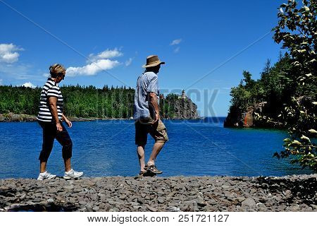 Two Harbors, Mn - July 2, 2018: Tourists Visiting Split Rock Lighthouse, North Shore, Lake Superior,