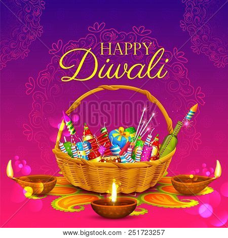 Illustration Of Burning Diya And Firecracker On Happy Diwali Holiday Background For Light Festival O