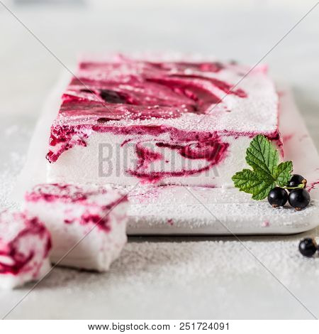 Sliced Homemade Blackcurrant Swirl Marshmallow Iced With Sugar, Square
