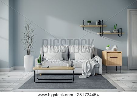 Modern Mid Century And Minamalist Interior Of Living Room Design Concept, White Sofa And Wood Table 