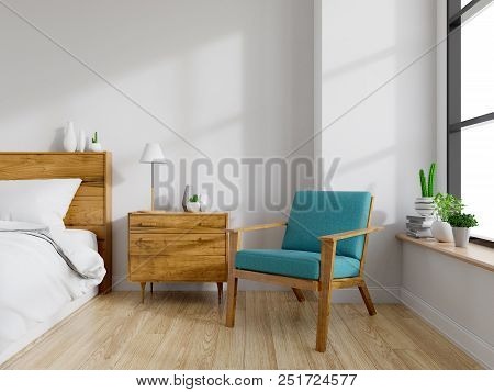 Modern Mid Century And Vintage Interior Of Bedroom ,blue Lounge Chair With Wood  Bedside Table And W
