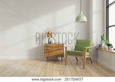 Modern Mid Century And Vintage Interior Of Living Room ,green Lounge Chair With Wood Table On White 