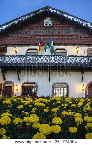 Gramado City Hall German Colonial Wooden Architecture Night Yellow Hydrangea