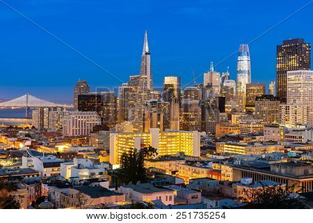 San Francisco downtown skyline Aerial view at sunset from Ina Coolbrith Park Hill in San Francisco, California, USA.