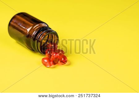 Closeup Supplements Vitamins Bottle On Wood Background