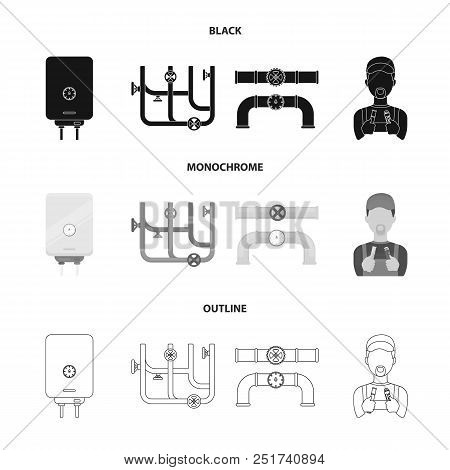 Boiler, Plumber, Ventils And Pipes.plumbing Set Collection Icons In Black, Monochrome, Outline Style