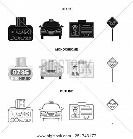 The Counter Of The Fare In The Taxi, The Taxi Car, The Driver Badge, The Parking Lot Of The Car. Tax