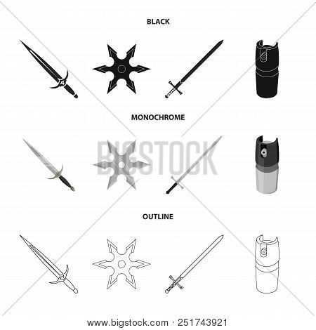 Sword, Two-handed Sword, Gas Balloon, Shuriken. Weapons Set Collection Icons In Black, Monochrome, O