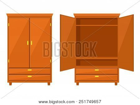 Open And Closet Wardrobe Isolated On White Background .natural Wooden Furniture. Wardrobe Icon In Fl