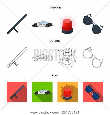 Police Baton, Auto, Flasher, Glasses.police Set Collection Icons In Cartoon, Outline, Flat Style Vec