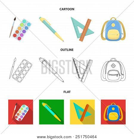 Multicolored Paints With A Tassel, Pen, Triangle And Ruler, Satchel, Briefcase. School And Education