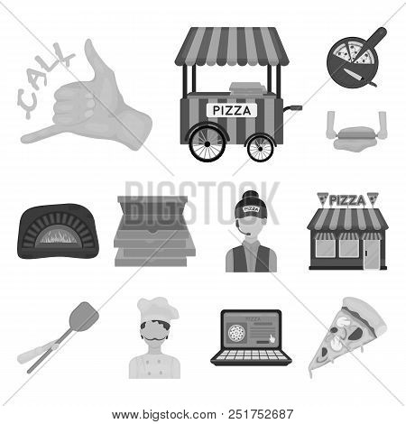 Pizza And Pizzeria Monochrome Icons In Set Collection For Design. Staff And Equipment Vector Symbol 