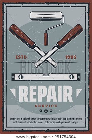 Repair Service Poster Of Construction And Home Renovation Or Woodwork Tools. Vector Retro Design Of 