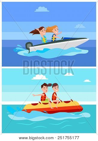 Summer Recreation Collection, Girls And Boy, Banana Boat, And Boating, Vessel And Activities Set Sea