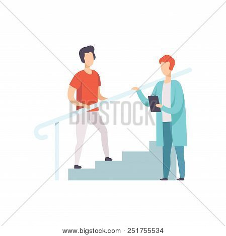 Therapist Working With Male Patient Climbing The Stairs, Medical Rehabilitation, Physical Therapy Ac