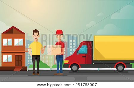 Handsome Man Getting Package From Courier. Cartoon People Characters. Young Smiling Man Dressed In W