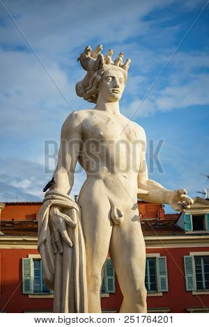 Nice, France - Circa 2018
The Fontaine Du Soleil On Place Massena In The Afternoon, Nice, French Riv