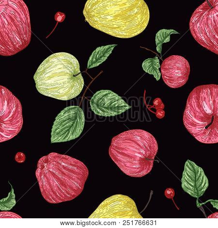 Seamless Pattern With Red Apples. Realistic Vector Illustration Plant. Hand Drawing With Colored Pen