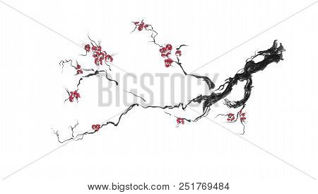 Realistic Sakura Blossom - Japanese Cherry Tree Isolated On White Background.