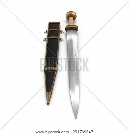 Roman Gladius Short Sword With Sheath On White. 3d Illustration