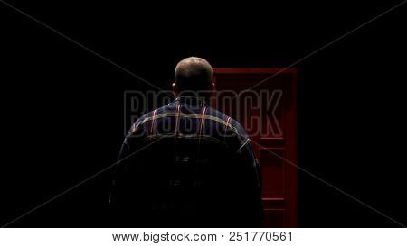 Man Stepping Through Door. Stock. Loser Walks Through A Magic Door To Success. Career Concept.