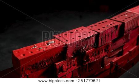 Close Up Of Industrial Bricklayer Installing Cement Bricks On Darc Room. Stock. Concept Of Self-deve