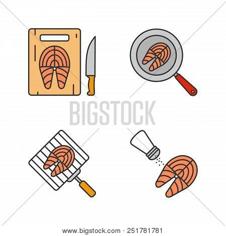 Fish Preparation Color Icons Set. Cutting, Frying, Grilling, Salting Fish Steaks. Isolated Vector Il
