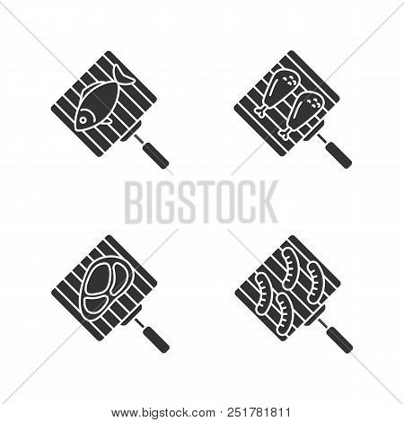 Barbecue Glyph Icons Set. Bbq. Hand Grills With Fish, Chicken Drumsticks, Meat Steak And Sausages. S