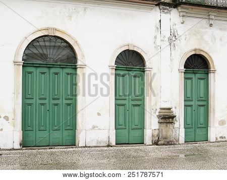 July 22, 2018, City Of Santos, São Paulo, Brazil, Facade With Green Doors Of The Old Casarão Do Valo