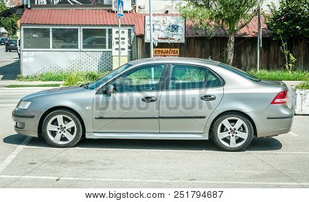 Novi Sad, Serbia. July - 25 . 2018 . New Silver Saab 9-3 Car Parked On The Street In The City. Edito