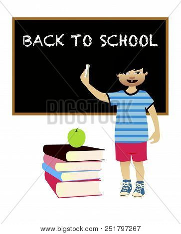 Boy Showing A Text Back To School On Blackboard