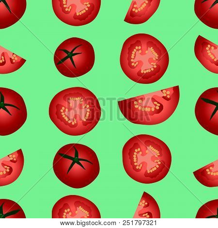 Background Tomato On Green Background. Natural Food Seamless Pattern