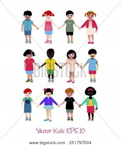 Set Of Little Kids Isolated Holding Hands. Vector Illustration