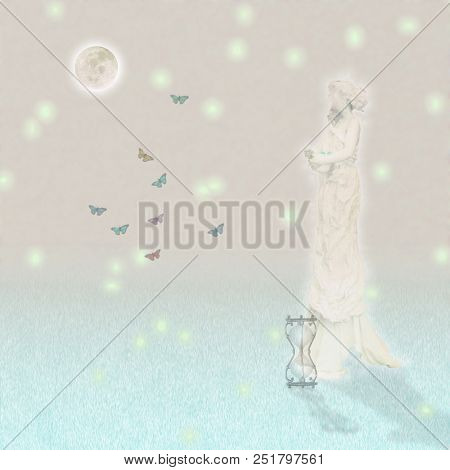 Woman`s marble statue and butterflies. Glowing moon and hourglass. 3D rendering