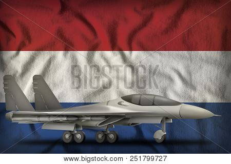 Fighter, Interceptor On The Netherlands Flag Background. 3d Illustration
