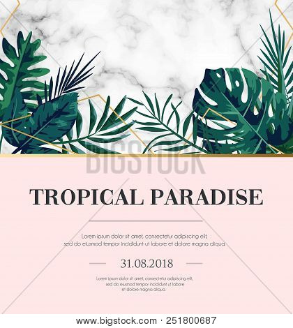 Modern Tropical Design Template With White Marble Texture And Blush Pink Background. Elegant Design 