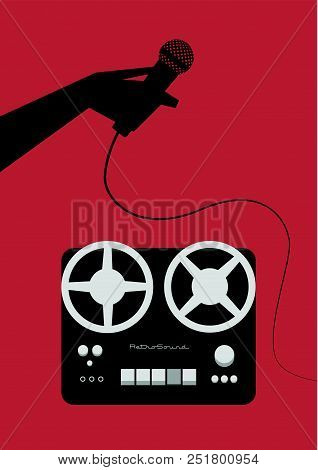 Vintage Magnetophone With And And Microphone. Vector Illustration Retro Style