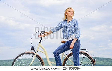 Active Leisure And Healthy Activity. Girl Ride Cruiser Model Bicycle. Healthiest Most Environmentall